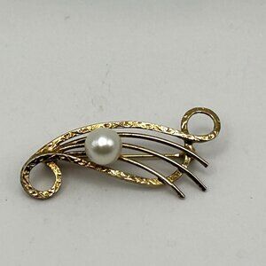 Vintage Sterling Silver Vermeil Cultured Pearl Abstract Fan Brooch Mid Century